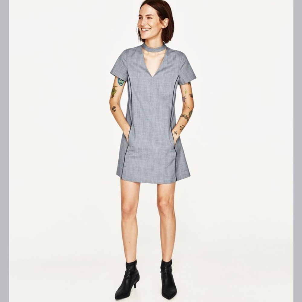 ZARA Gray V Neck Choker A-Line Shift Mini Dress